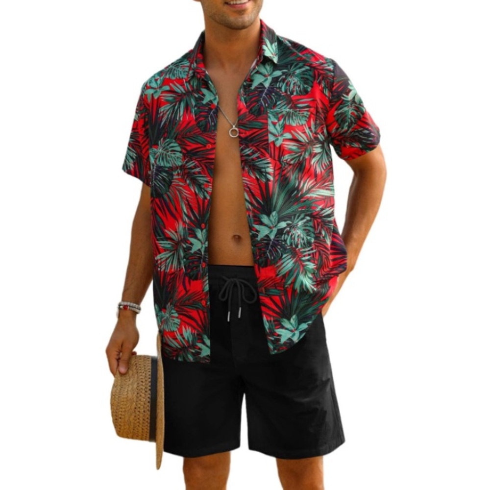 (A11) Coofandy Short Sleeve Button Down Tropical Aloha Floral Shirt, Size Large
